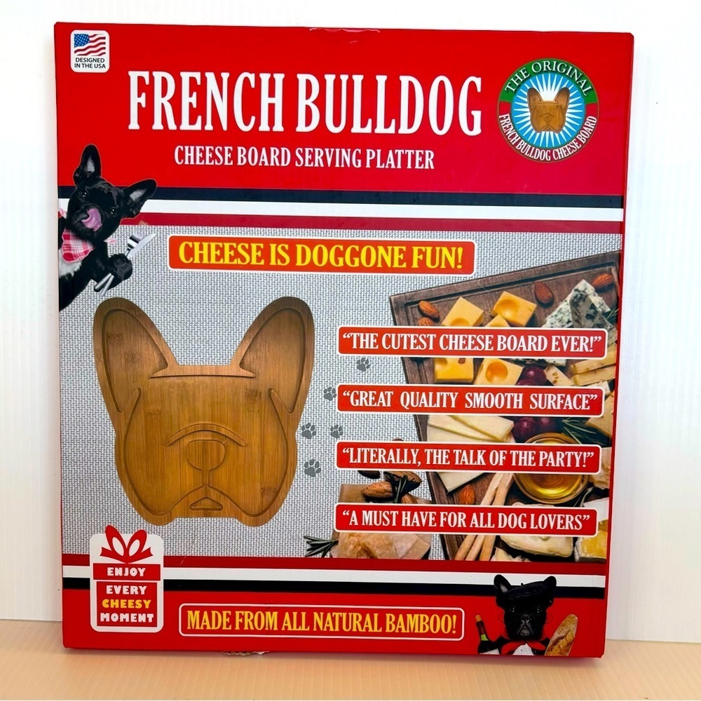 Frenchie French Bulldog Charcuterie Cheese Serving Board Bamboo 11.5”x11.8” NEW